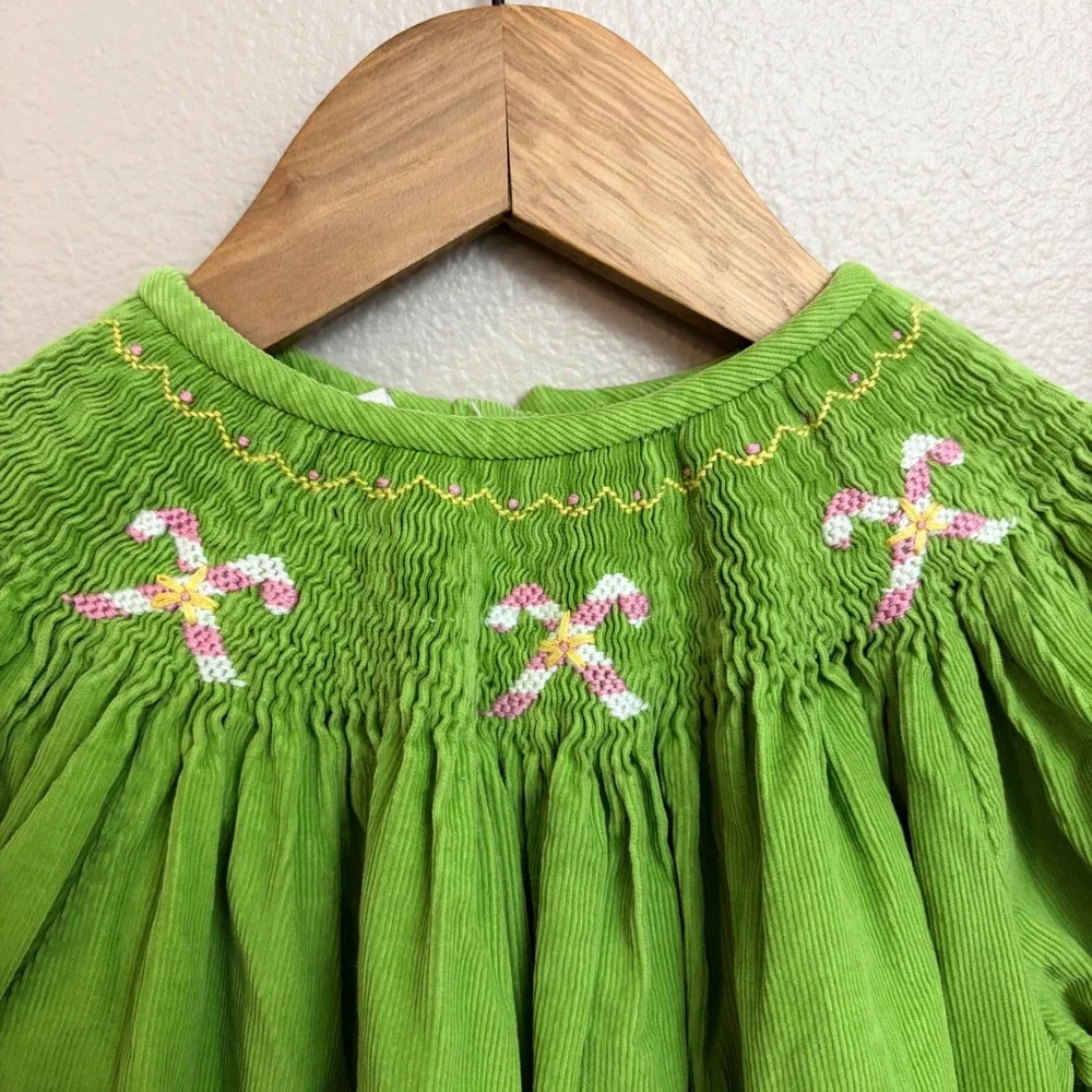 Vive La Fete Dress 4 Green Corduroy Smocked Candy Cane Christmas Holiday Kids